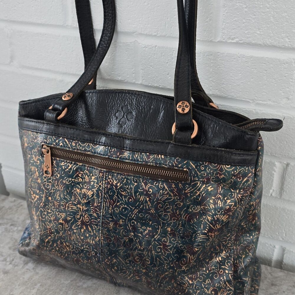 Patricia Nash Black Gold Embossed Floral Tote Bag Metal Hardware Medium - Picture 2 of 16